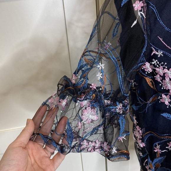 Nanette Lepore Spring Bloom Dark Navy Multi Floral Embroidered Ruffle Blouse M - Picture 2 of 6